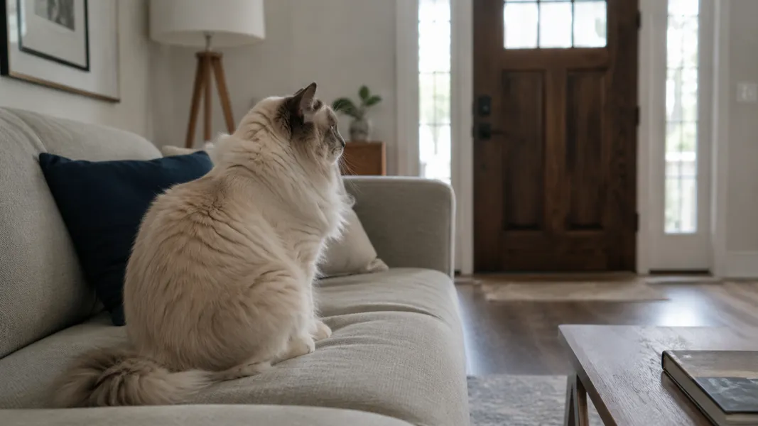 Can Ragdolls be left alone — Ragdoll cat waiting by the door for owner to return