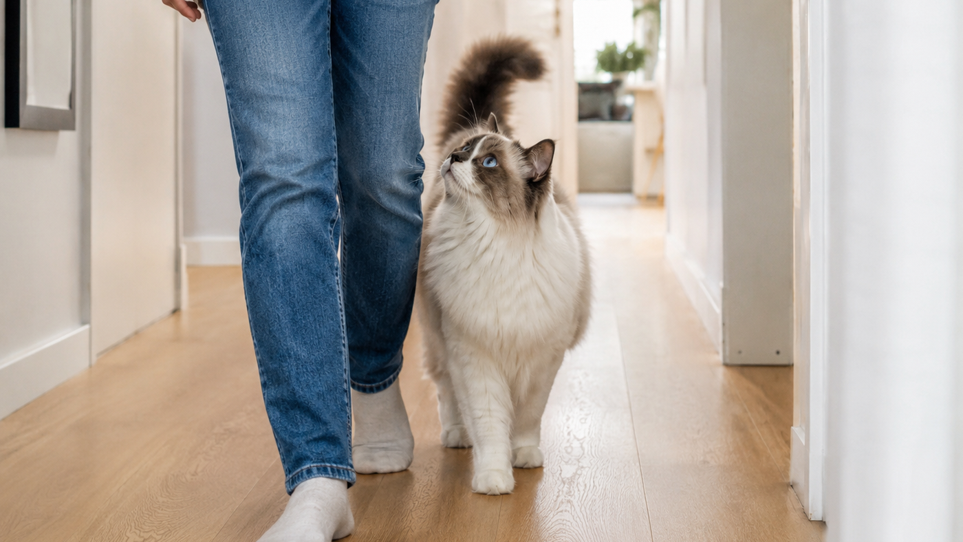 Why Are Ragdolls So Clingy? 7 Real Reasons Behind Velcro Cat Behavior 1 Why are Ragdolls so clingy — Ragdoll cat following owner through home 1