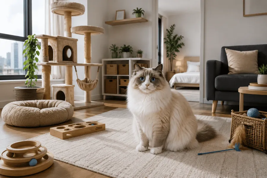 How Much Space Does a Ragdoll Cat Need? Complete Home Setup and Space Guide 1 Large Ragdoll cat in well organized apartment home with cat tree and enrichment setup — how much space does a ragdoll cat need home setup guide