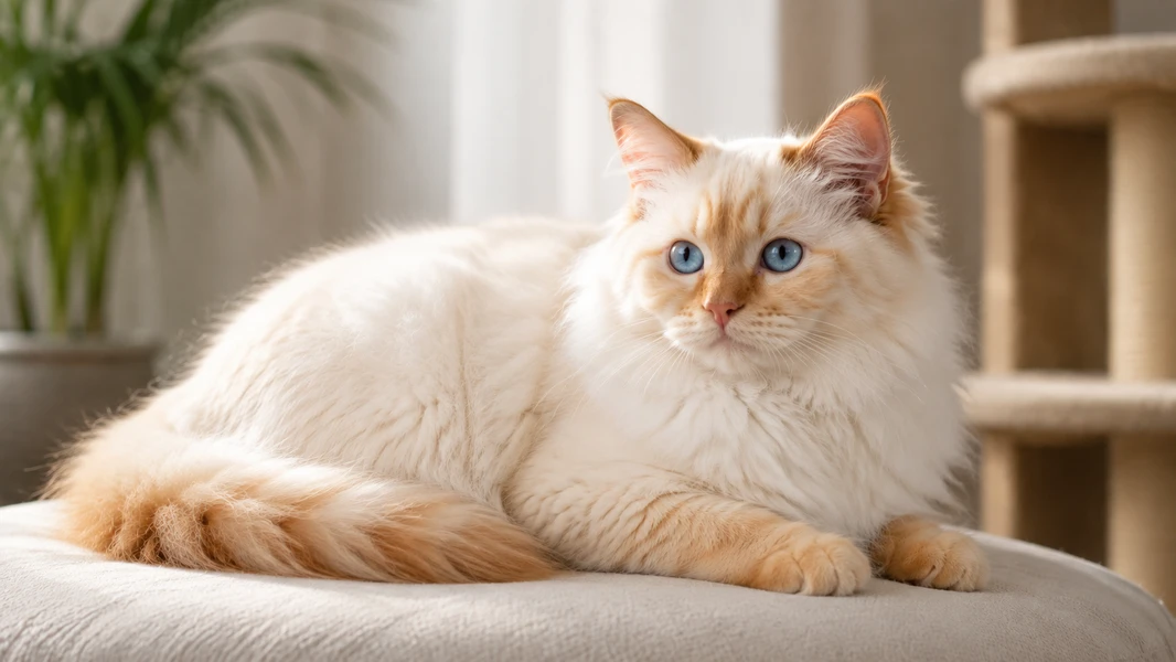 Flame Point Ragdoll Kittens: Growth, Color Development and What to Expect at Every Age 1 Flame Point Ragdoll cat in a comfortable indoor environment with subtle visual emphasis on the cooler extremities such as ears face paws and tail where orange red point coloration result