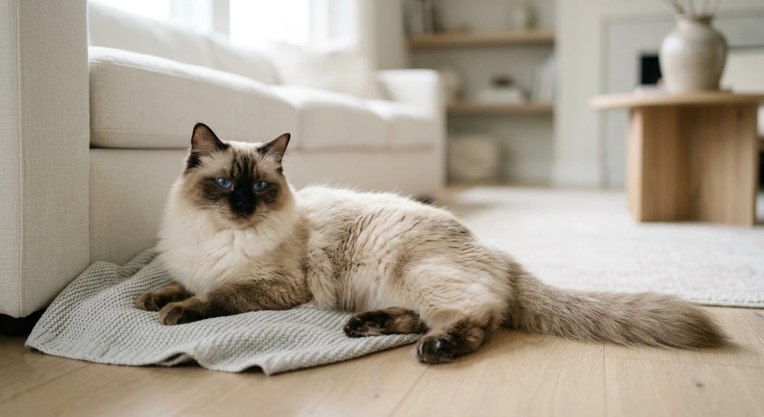 Fluffy seal point Ragdoll cat with striking blue eyes resting on a woven mat beside a white sofa illustrative of a Ragdoll Cat Price Guide result