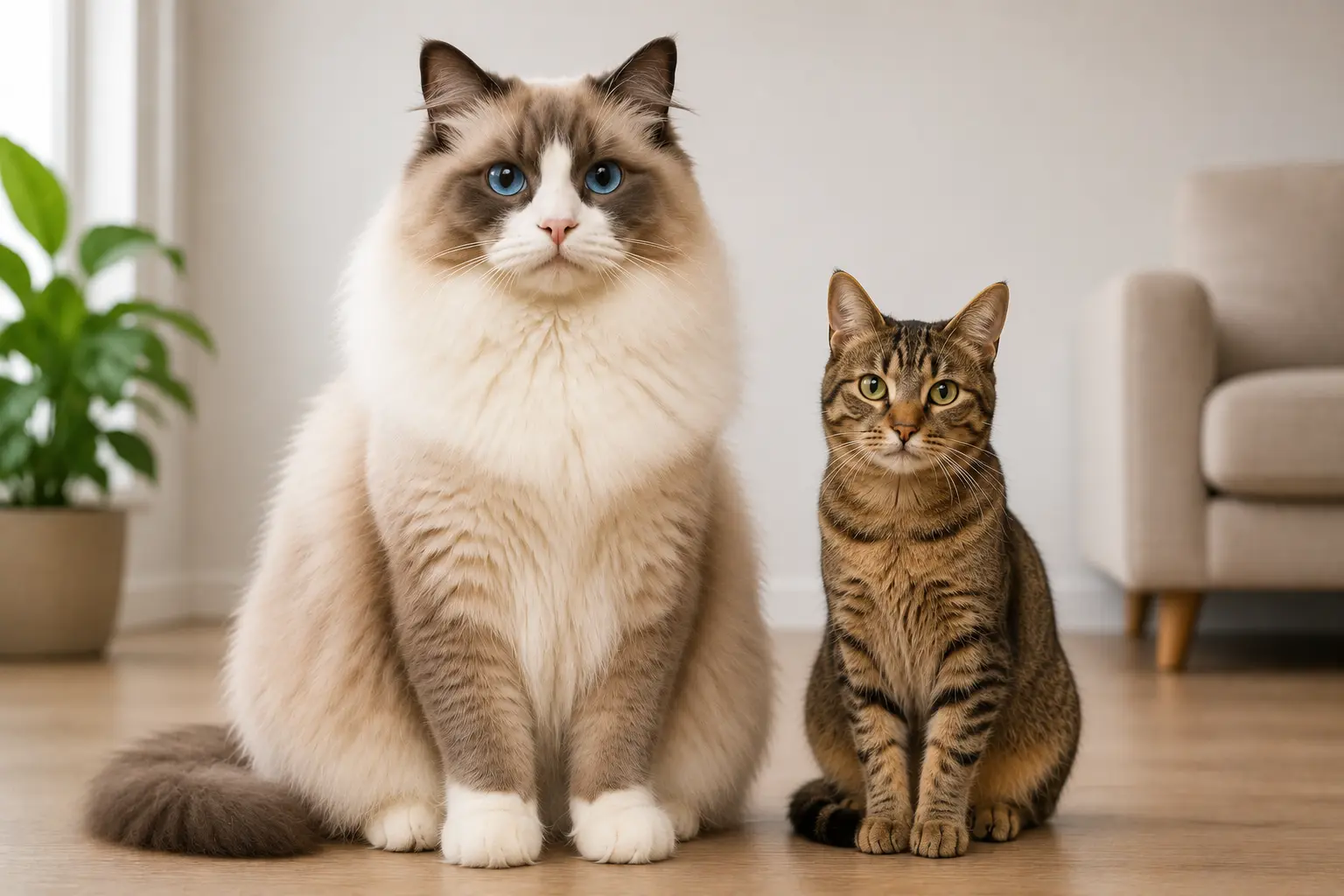 Large adult Ragdoll cat next to regular domestic cat showing dramatic size difference — why are ragdoll cats so large genetics breeding science